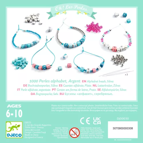 Djeco Ékszerkészítő készlet - Betű gyöngyök, ezüst - Alphabet beads, Silver, 3–5 év, Vegyes anyag