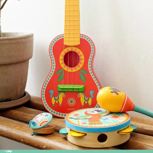 Djeco Játékhangszer - Kis gitár, 4 húros - Ukulélé, 3–5 év, Többszínű