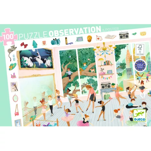 Djeco Megfigyeltető puzzle - Balett iskola, 100 db-os - The dance school, 6–8 év, Többszínű