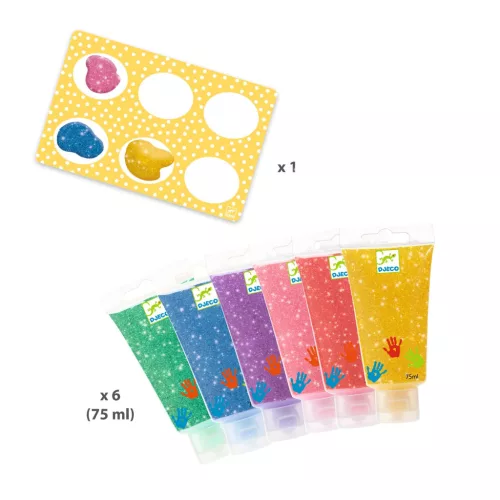 Djeco Ujjfesték - Hat csillámos szín - 6 tubes of finger paint - Glitter, 3–5 év, Többszínű