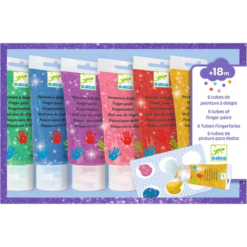 Djeco Ujjfesték - Hat csillámos szín - 6 tubes of finger paint - Glitter, 3–5 év, Többszínű