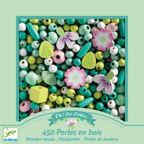 Djeco Fagyöngy készlet - Levelek és virágok - Wooden beads, leaves and flowers, 3–5 év, Többszínű