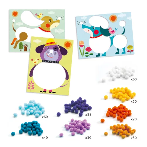 Djeco Pompom-kép készítés - Simogatni való kutyák - Dogs to stroke, 3–5 év, Többszínű