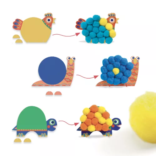 Djeco Pompom-kép készítés - Óriáspompomos állatok - Fluffy animals, 3–5 év, Többszínű