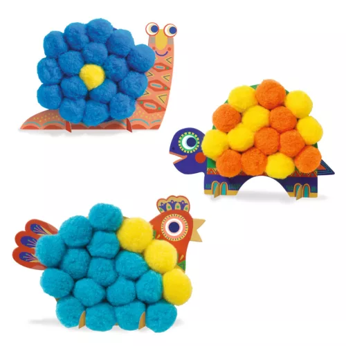 Djeco Pompom-kép készítés - Óriáspompomos állatok - Fluffy animals, 3–5 év, Többszínű