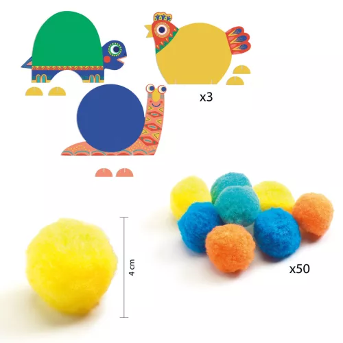 Djeco Pompom-kép készítés - Óriáspompomos állatok - Fluffy animals, 3–5 év, Többszínű