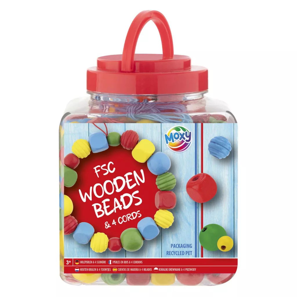 Moxy színes fából készült gyöngyök vödörben, piros Grafix