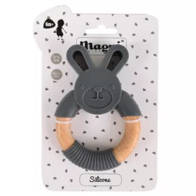 Nyuszis szilikon és fa rágókarika szürke, Magni