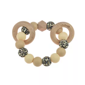   Színes rágóka szilikonból és fából, leopárd mintás/bézs