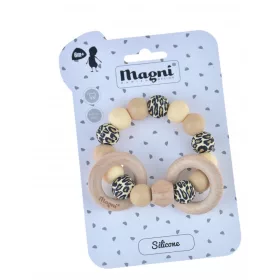   Színes rágóka szilikonból és fából, leopárd mintás/bézs