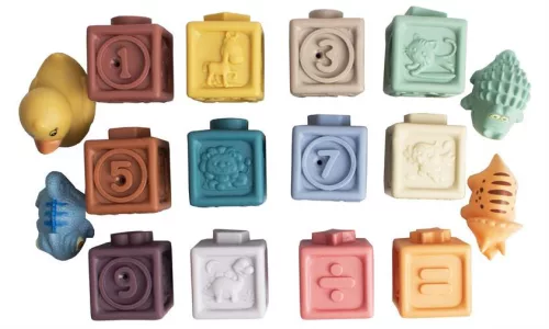 Puha szilikonos szenzoros építőkockák állatfigurákkal, 16 db-os Magni