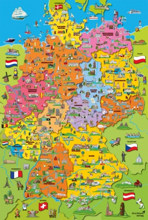 Cartoon map of Germany, 200 db (56312) Deutschlandkarte mit Bildern – fő nézet