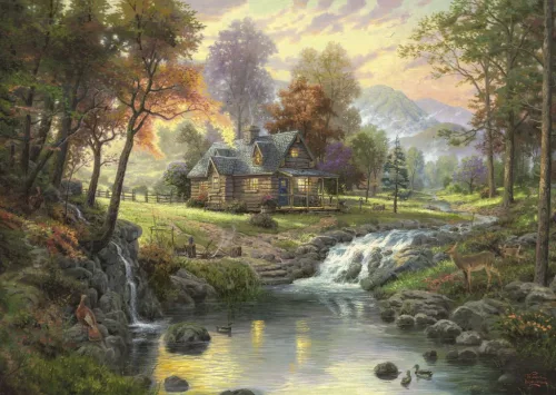 Mountain Retreat, Thomas Kinkade, 1000 db (58445) Holzhaus am Bach 
