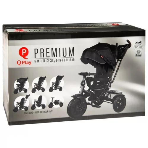 QPlay Prémium 6 az 1-ben háromkerekű és babakocsi kormánykerékkel és tetővel, fekete