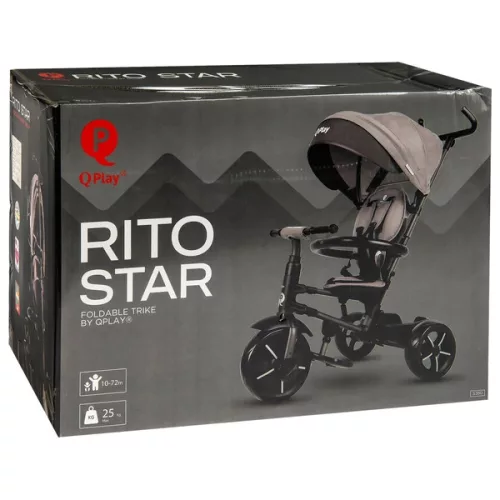 QPlay Rito STAR tricikli és babakocsi kormánykerékkel és tetővel, szürke