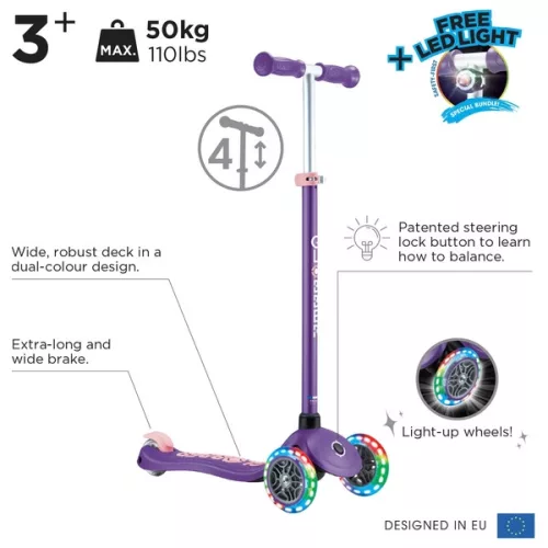 Globber Tri-Scooter PRIMO PLUS LIGHTS gyerek roller LED kerekekkel, lila, 3–5 év, Többszínű