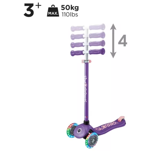 Globber Tri-Scooter PRIMO PLUS LIGHTS gyerek roller LED kerekekkel, lila, 3–5 év, Többszínű