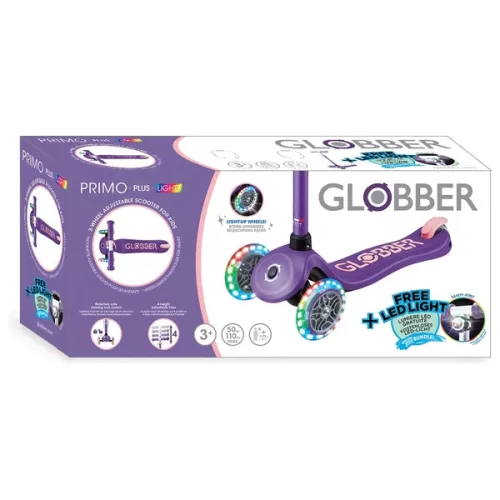 Globber Tri-Scooter PRIMO PLUS LIGHTS gyerek roller LED kerekekkel, lila, 3–5 év, Többszínű