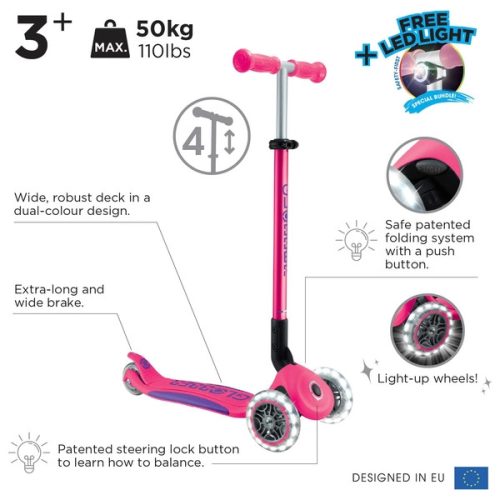 Globber Tri-Scooter PRIMO ÖSSZECSUKHATÓ PLUS LÁMPÁK Gyerek Roller LED Kerekekkel, Rózsaszín