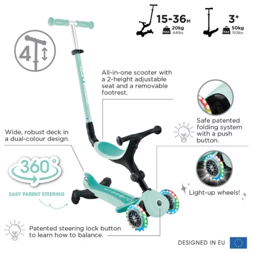 Globber 3 az 1-ben görgő GO UP ACTIVE LIGHTS Scooter 360 tricikli és futóbicikli menta, 3–5 év, Többszínű