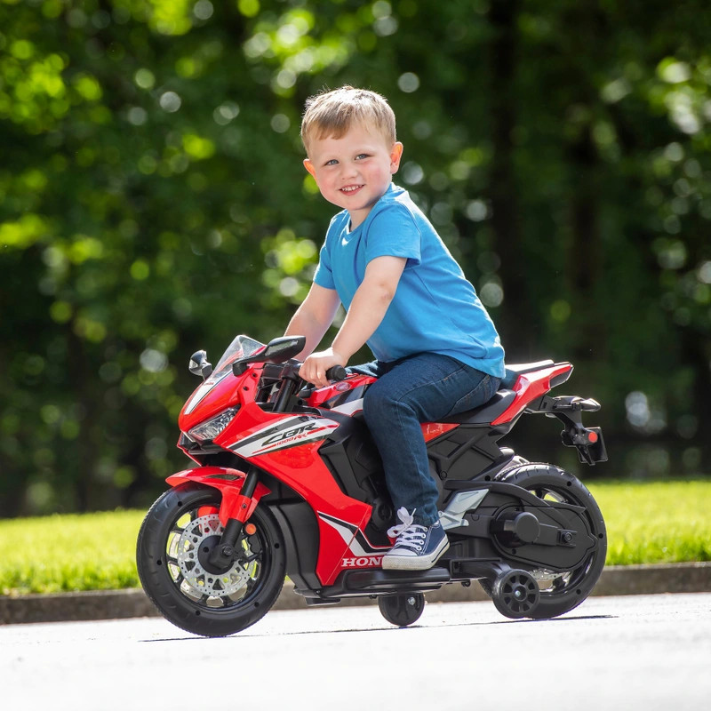 Honda CBR gyermekmotor 7,2 V-os lítium akkumulátorral és segédkerekekkel, piros – fő nézet