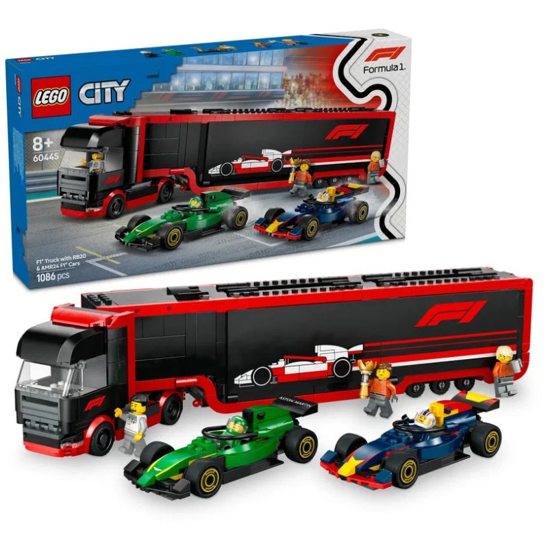LEGO 60445 City F1 transzporter RB20 és AMR24 F1 versenyautókkal – fő nézet