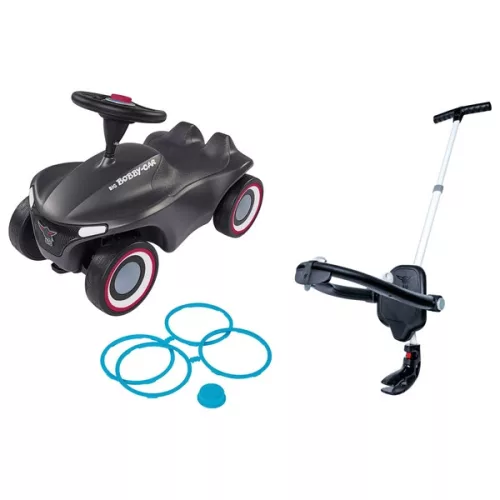 BIG Bobby Car Neo antracit színű, ráülős kisautó BIG Premium tolókarral