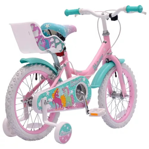 16 colos unikornis gyerekbicikli pótkerekekkel, rózsaszín