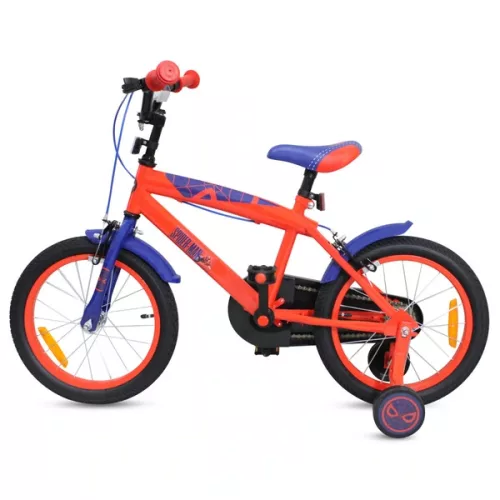 16 colos gyerekbicikli Pókember pótkerekekkel, piros/kék