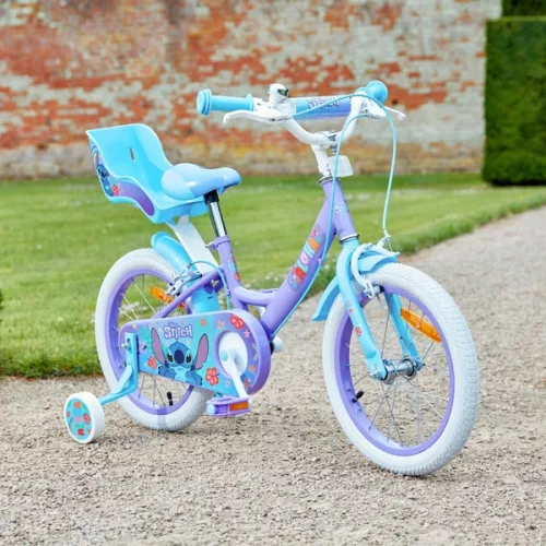 16 colos Disney Stitch gyerekbicikli pótkerekekkel, lila/világoskék