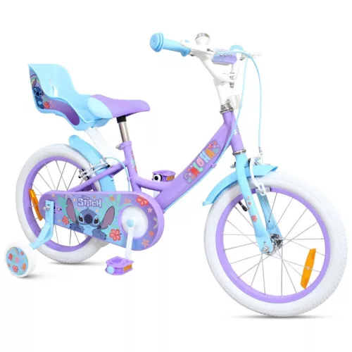 16 colos Disney Stitch gyerekkerékpár kiegészítő kerekekkel, lila/világoskék