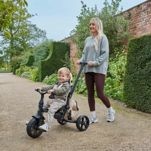 QPlay Comfo Max 6 az 1-ben háromkerekű és babakocsi kormányrúddal és tetővel, bézs