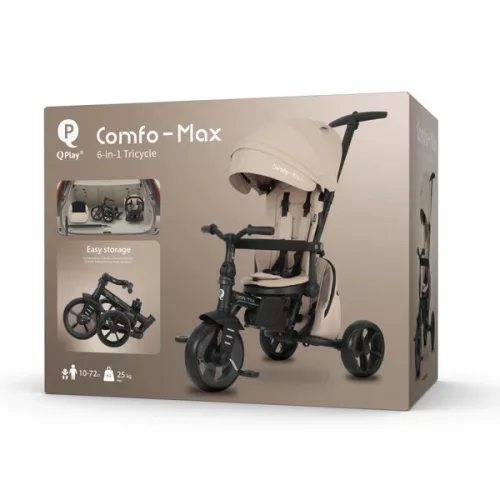 QPlay Comfo Max 6 az 1-ben háromkerekű és babakocsi kormányrúddal és tetővel, bézs