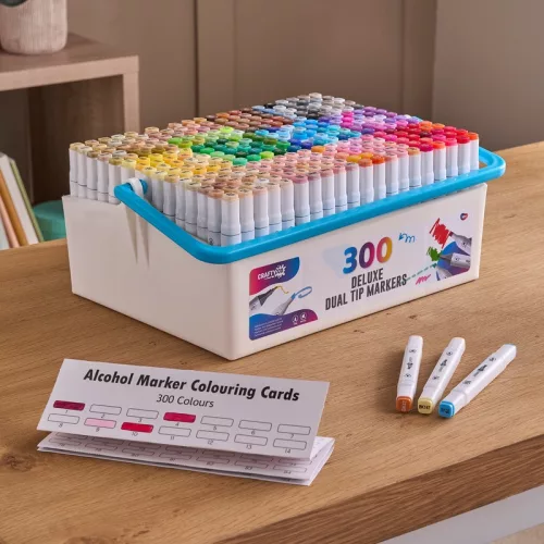 Crafty Co. Deluxe dupla hegyű alkoholos filctoll szett tárolódobozzal, 300 db