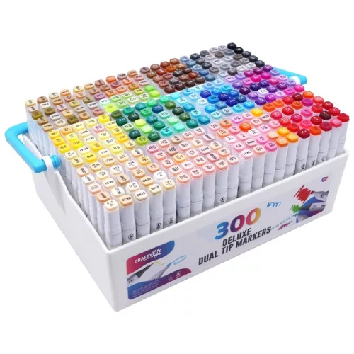 Crafty Co. Deluxe dupla hegyű alkoholos filctoll szett tárolódobozzal, 300 db
