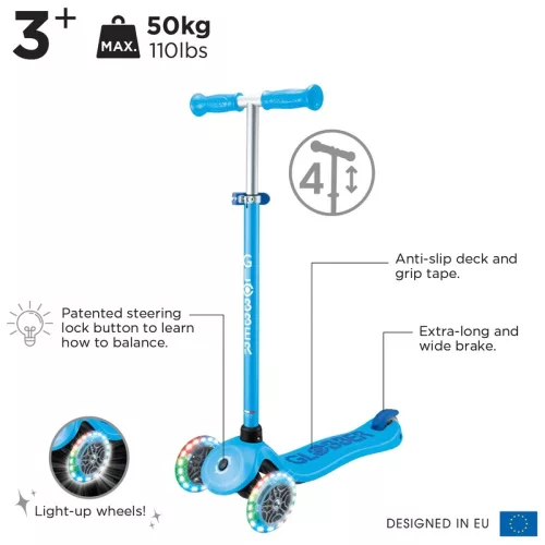 Globber Tri-Scooter PRIMO PLUS LIGHTS gyerekroller LED kerekekkel, világoskék