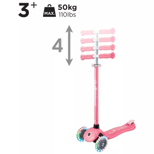 Globber Tri-Scooter PRIMO PLUS LIGHTS gyerekroller LED kerekekkel, pink